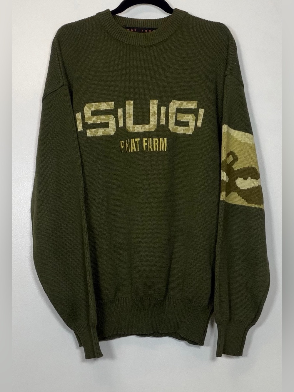 Vintage Phat Farm Men's Olive Green Logo Knit Sweater